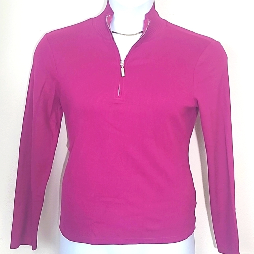 Long sleeve ribbed t shirt fuchsia bright pink half zip stretch Rafella Medium
